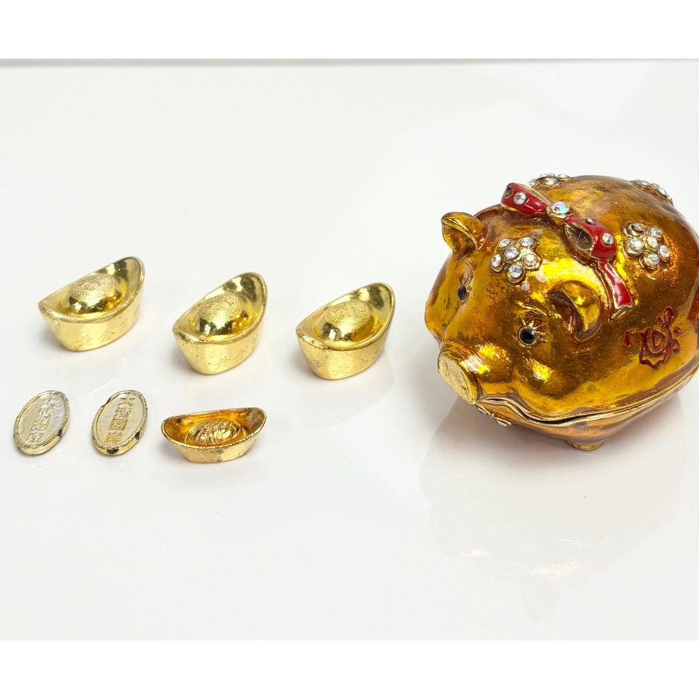 Golden Pig Trinket Box Bejeweled Rhinestone Prosperity Set with Ingots and Coins